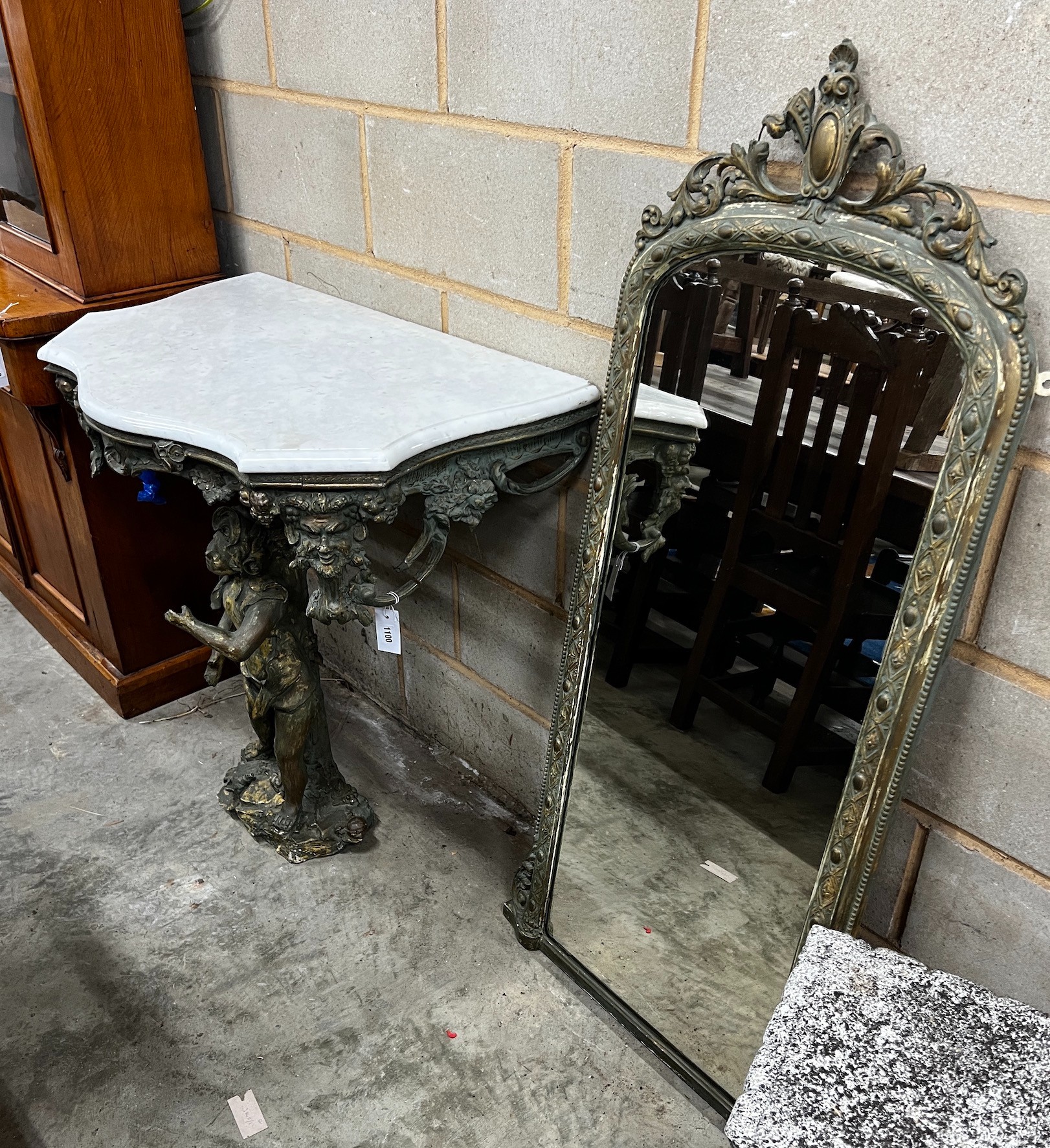 A 19th century French marble topped giltwood and gesso console table, width 92cm depth 53cm height 84cm, with associated mirror